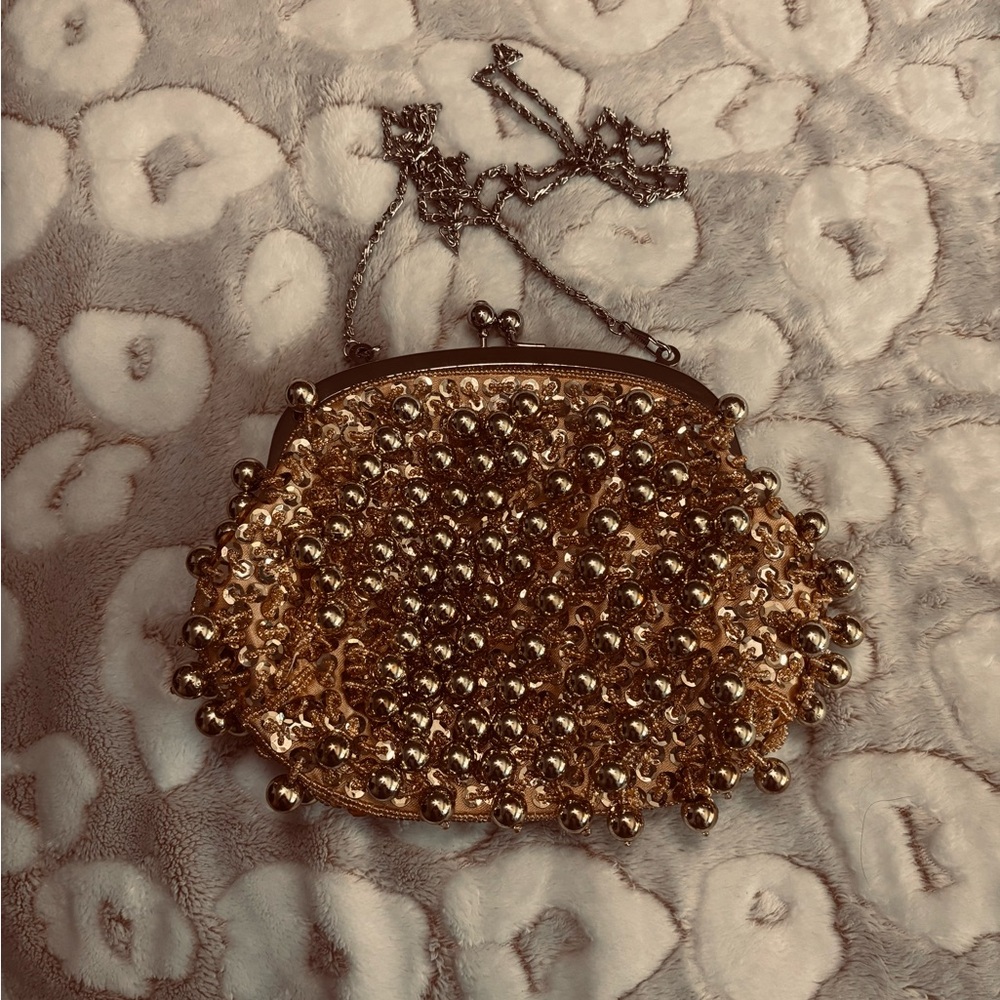 Gold Sequin & Gold Beaded Crossbody Purse, 1960s